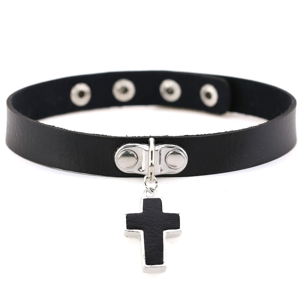 Crucifix Vegan Leður Choker